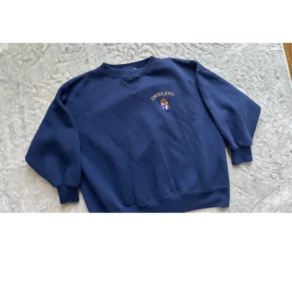 Vintage 90s Limited Jeans Sweatshirt Navy Blue Crest Logo M Cropped Sleeves - Picture 7 of 7